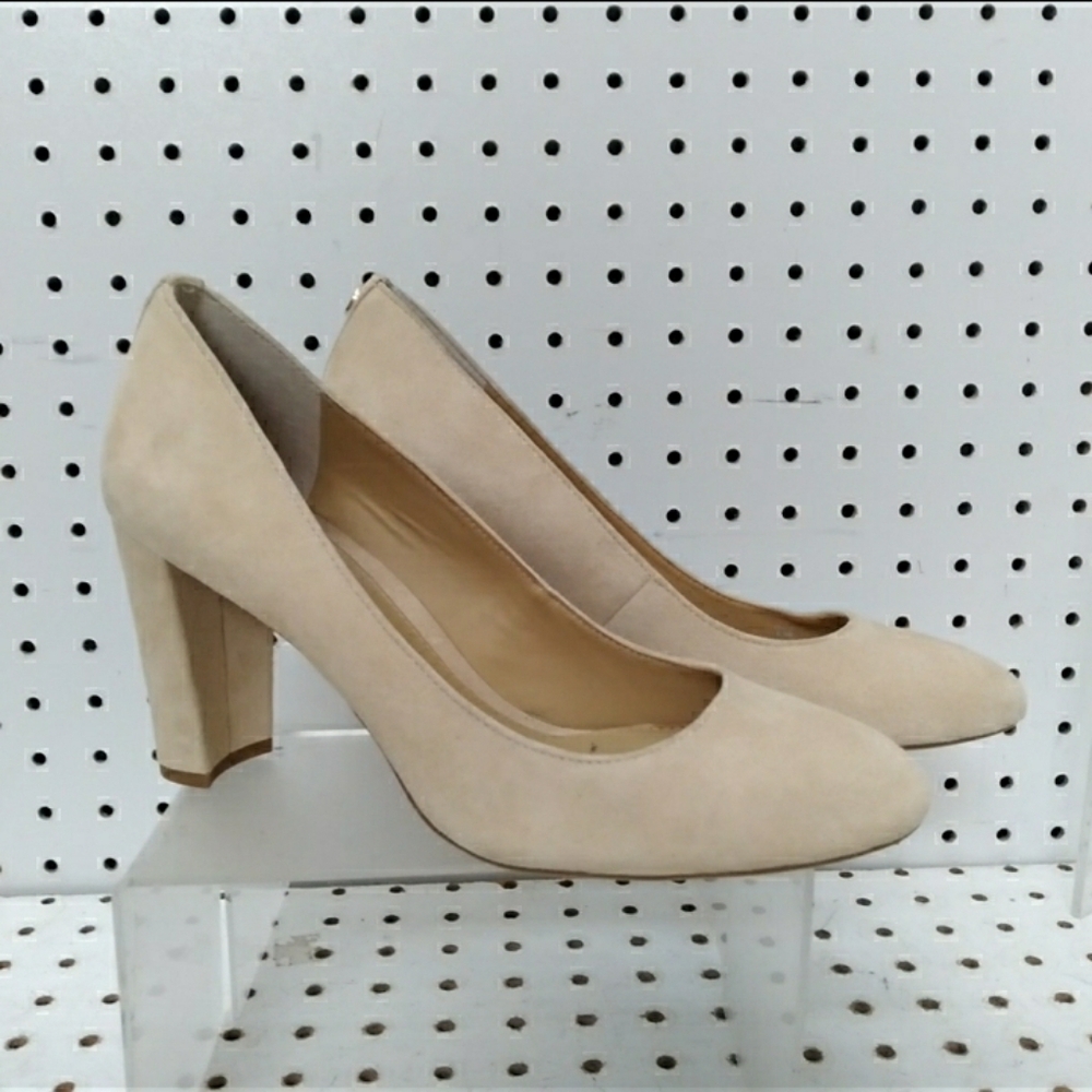 Lauren Ralph | Beige Shoes | Women Suede Logo High Chunky Block Heel Pump Padded